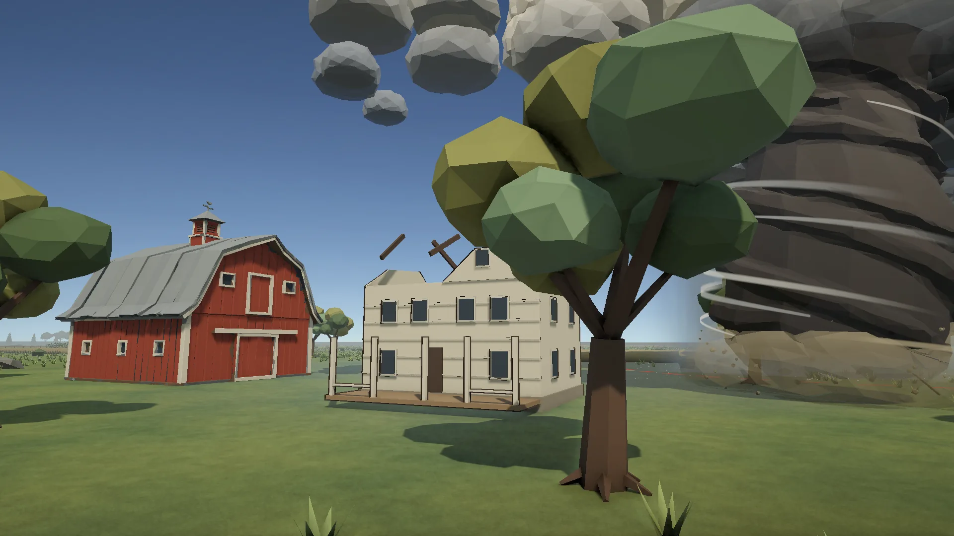 An unroofed house in front of an EF3 tornado, beside a red barn and trees.