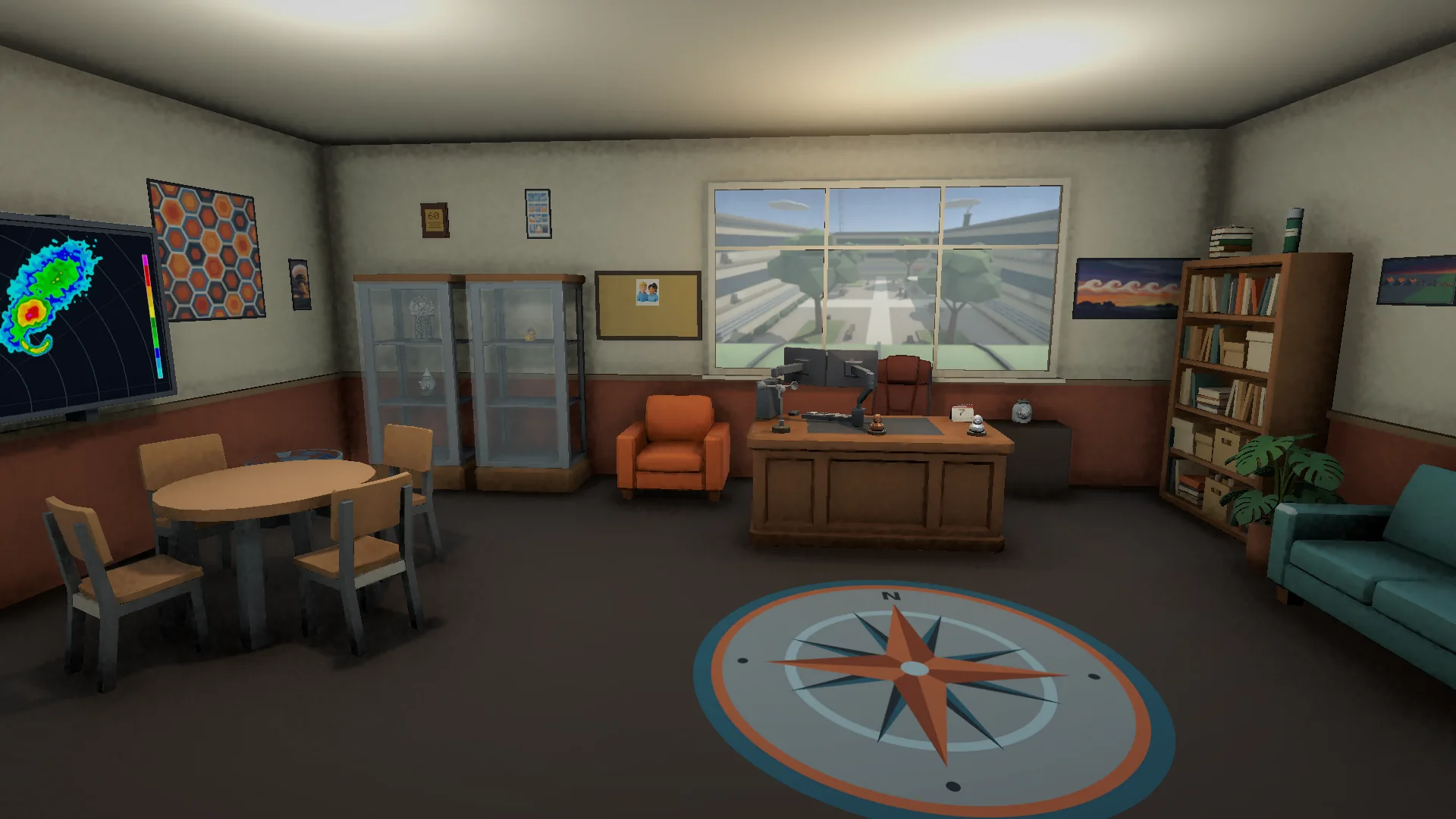 The Professor's office with a central desk, radar screen, meeting table, display cabinets, sofa and compass-rose rug.