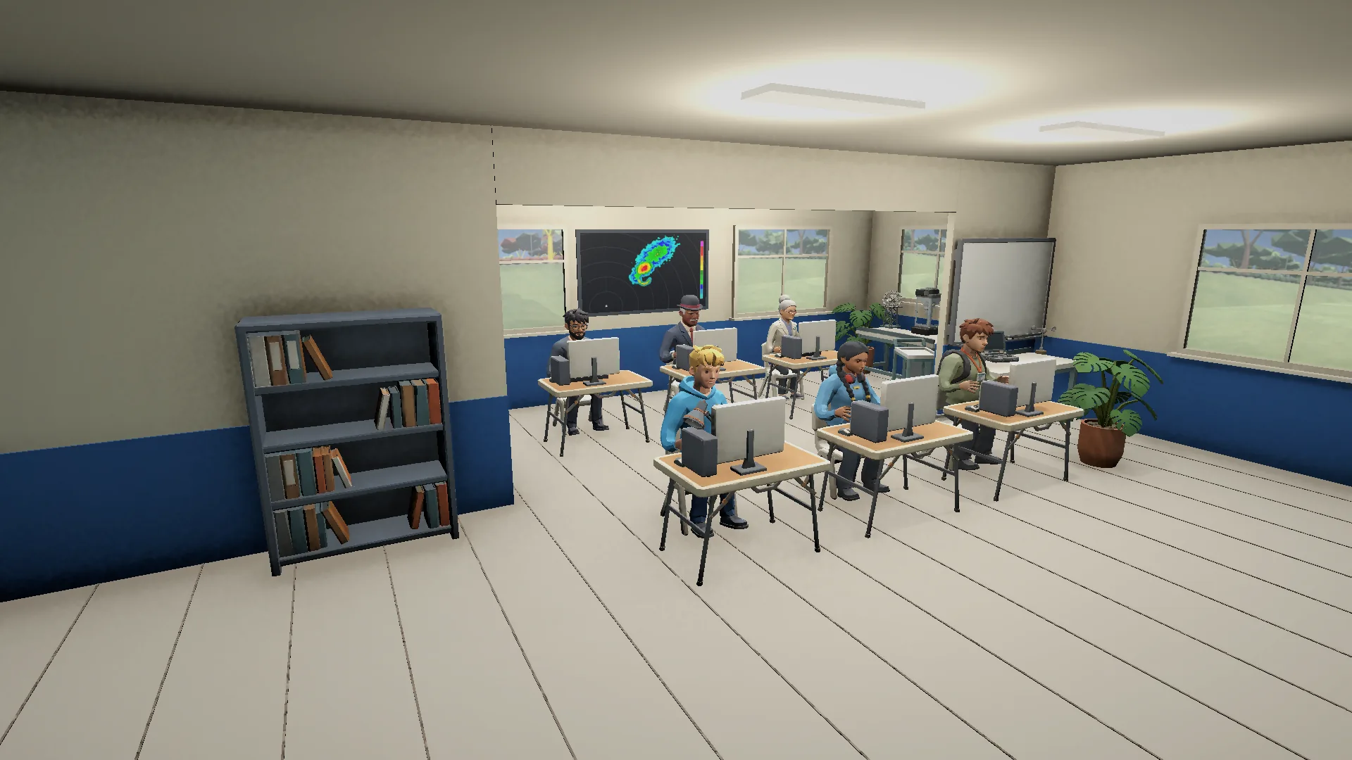 Six scientists at their computers in the storm research wing, with a bookcase, windows and a radar display behind them.