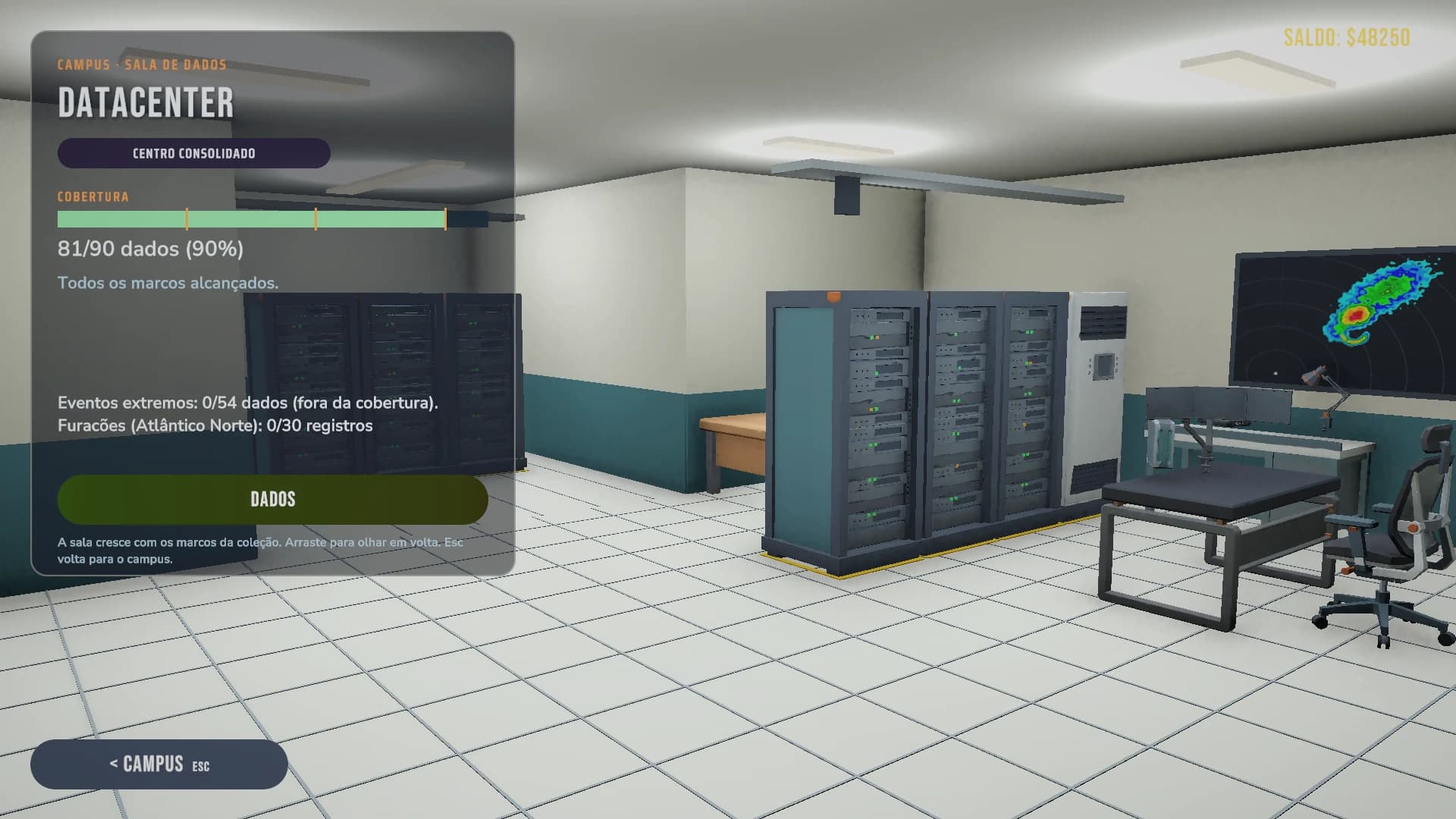 Screenshot with the Portuguese interface: the Datacenter panel shows 81 of 90 data points over a room with server racks, cooling and a research console.