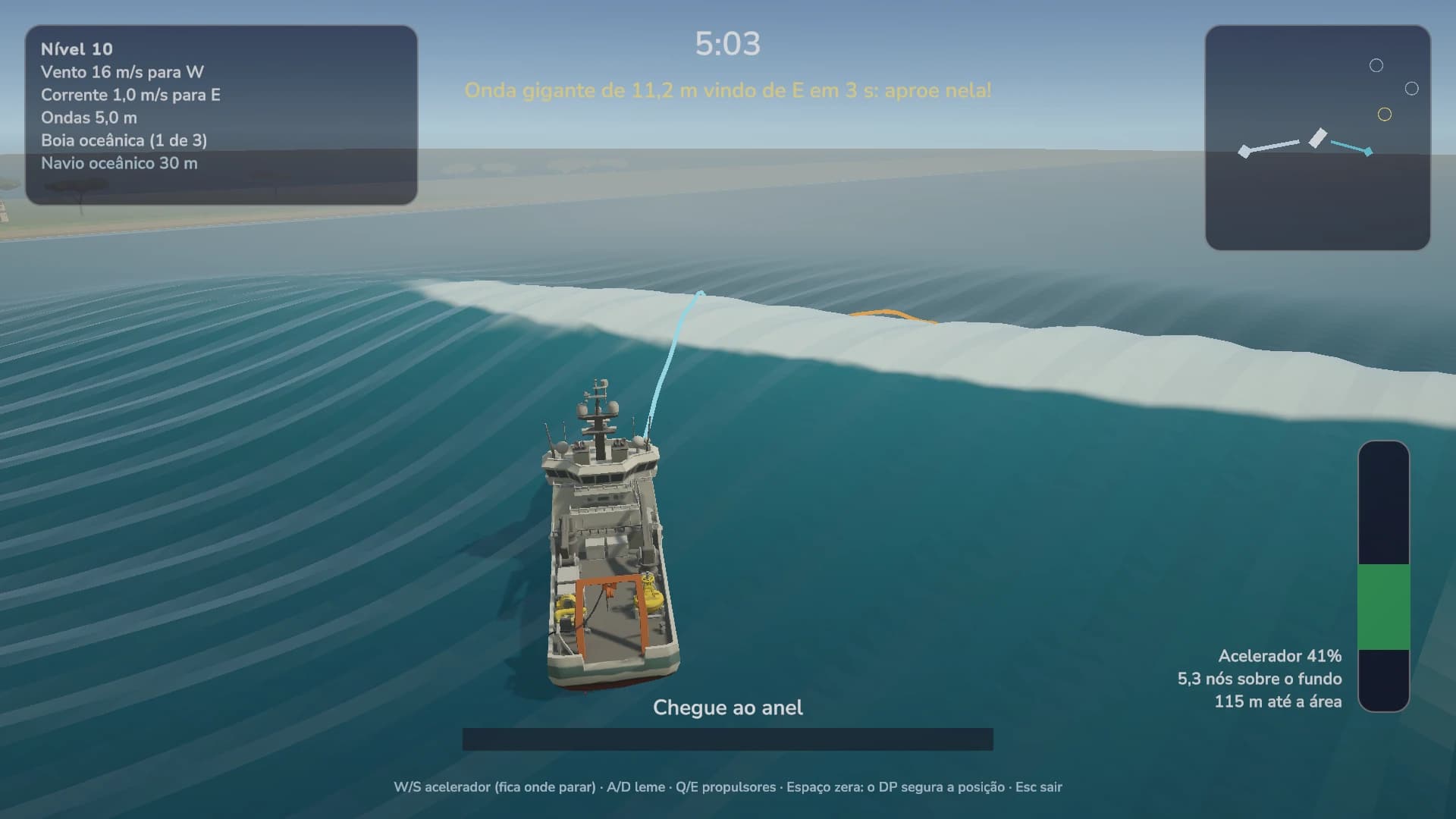 Navigation screenshot with the Portuguese interface: a vessel facing a rogue wave, an 11.2-metre warning, radar and speed controls.