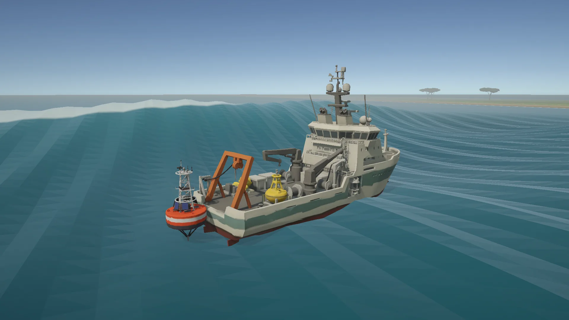 A 30-metre ocean-going vessel with a buoy suspended beyond its stern by the orange gantry over a wavy sea.