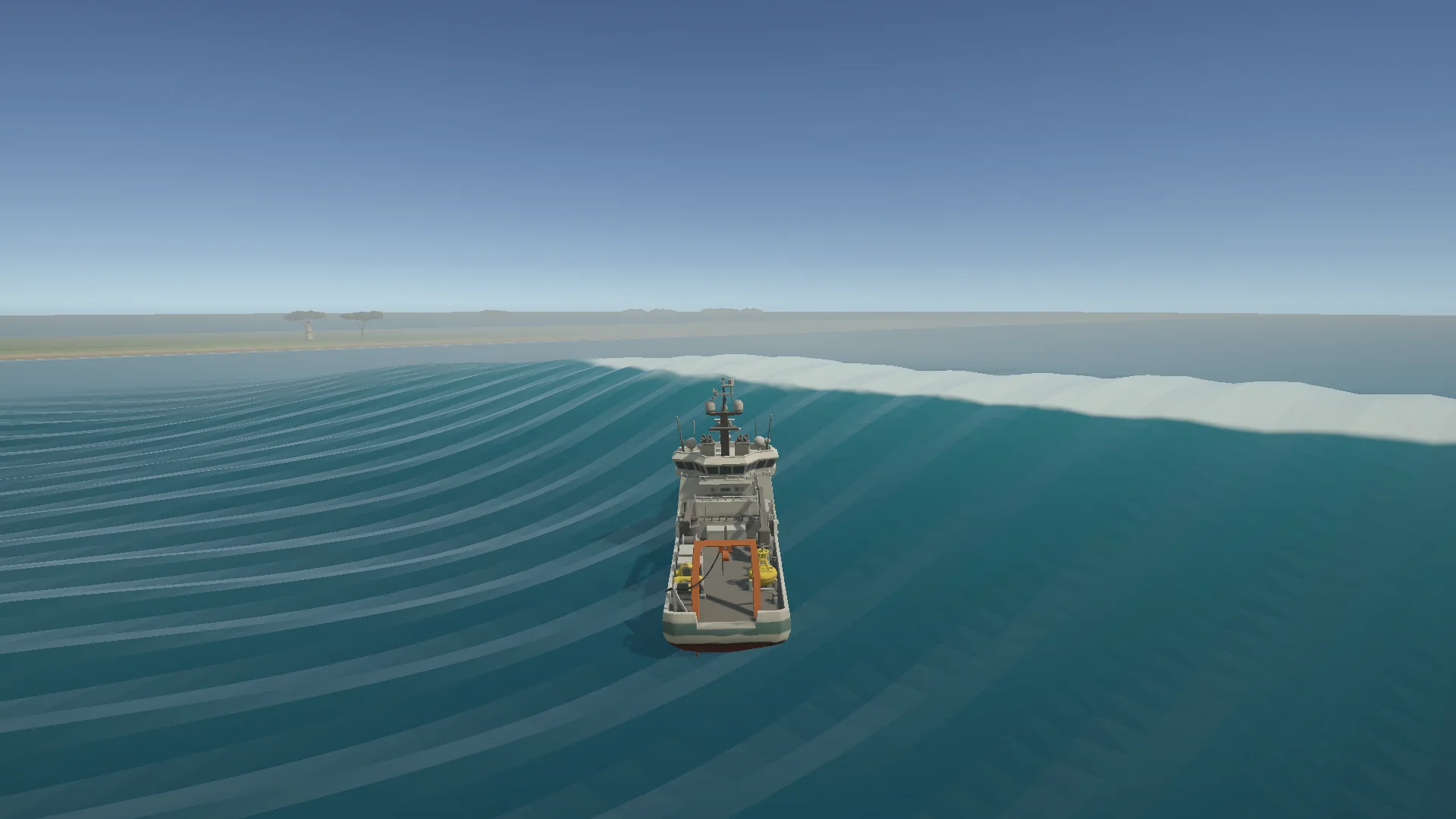 Ocean-going vessel seen from behind, approaching a rogue wave with a white crest.