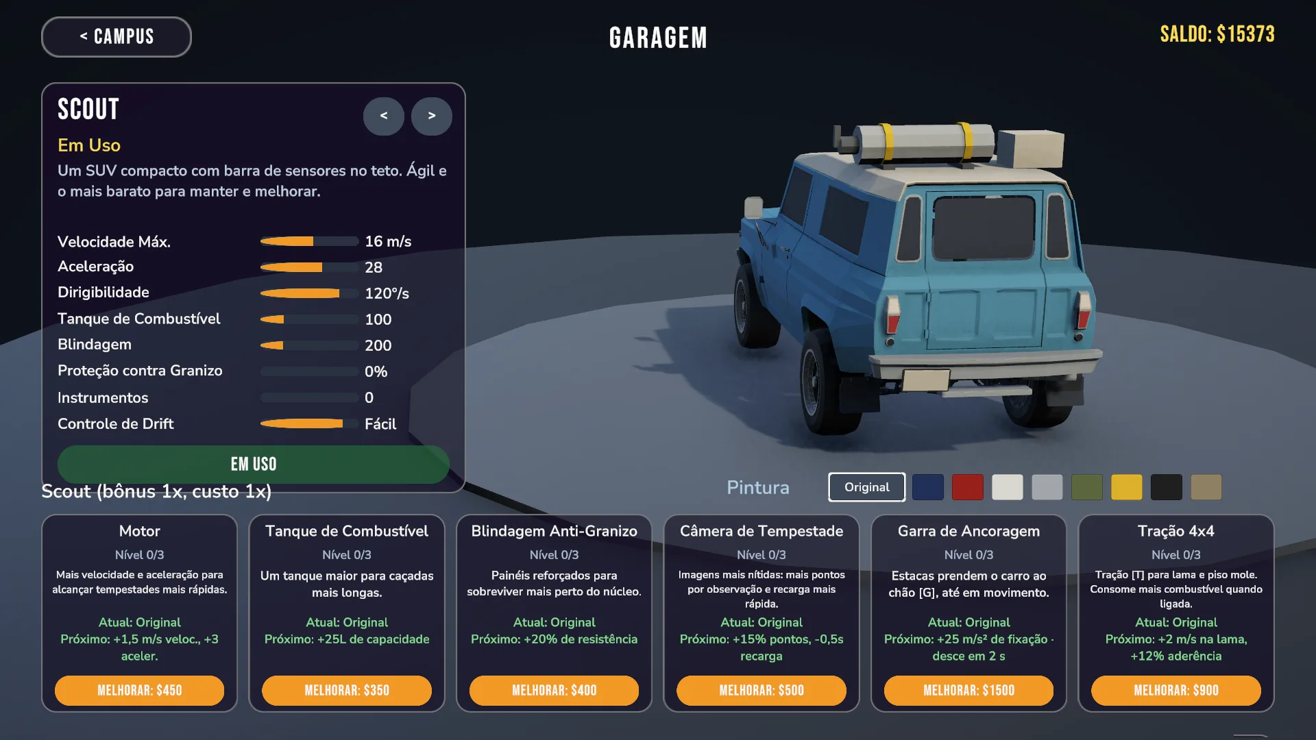 Scout in the garage, with paint options, vehicle attributes and equipment upgrades.